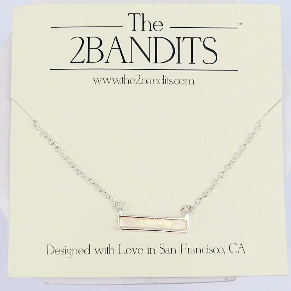 The 2Bandits Athens Iridescent Faux Opal Bar Necklace Silver Tone Minimalist New